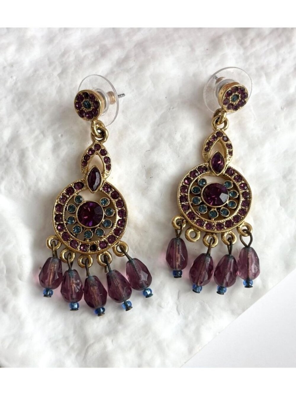 Chandelier Purple Rhinestone Accented Gold Toned Vintage Dangle Earrings